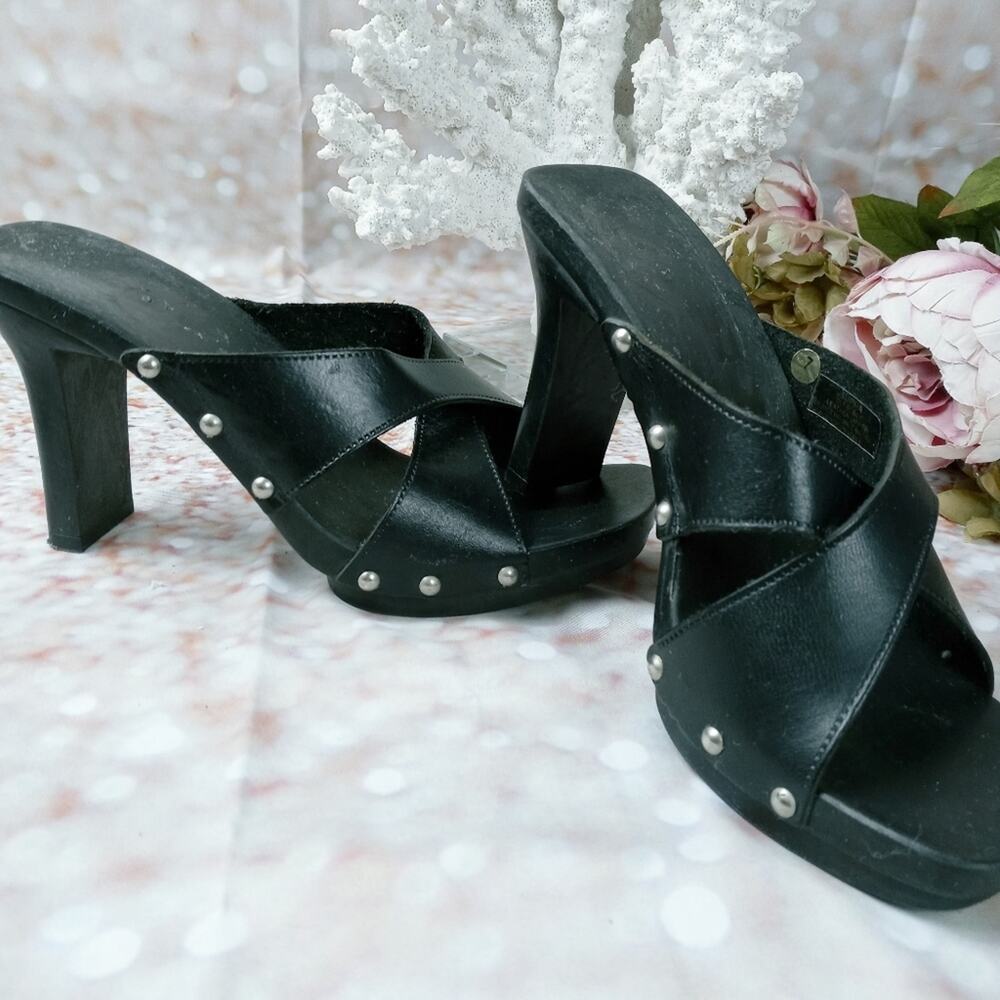NWOT ITALIAN MADE Leather Platform Heeled Mules Square Toe Criss Cross Strap 38